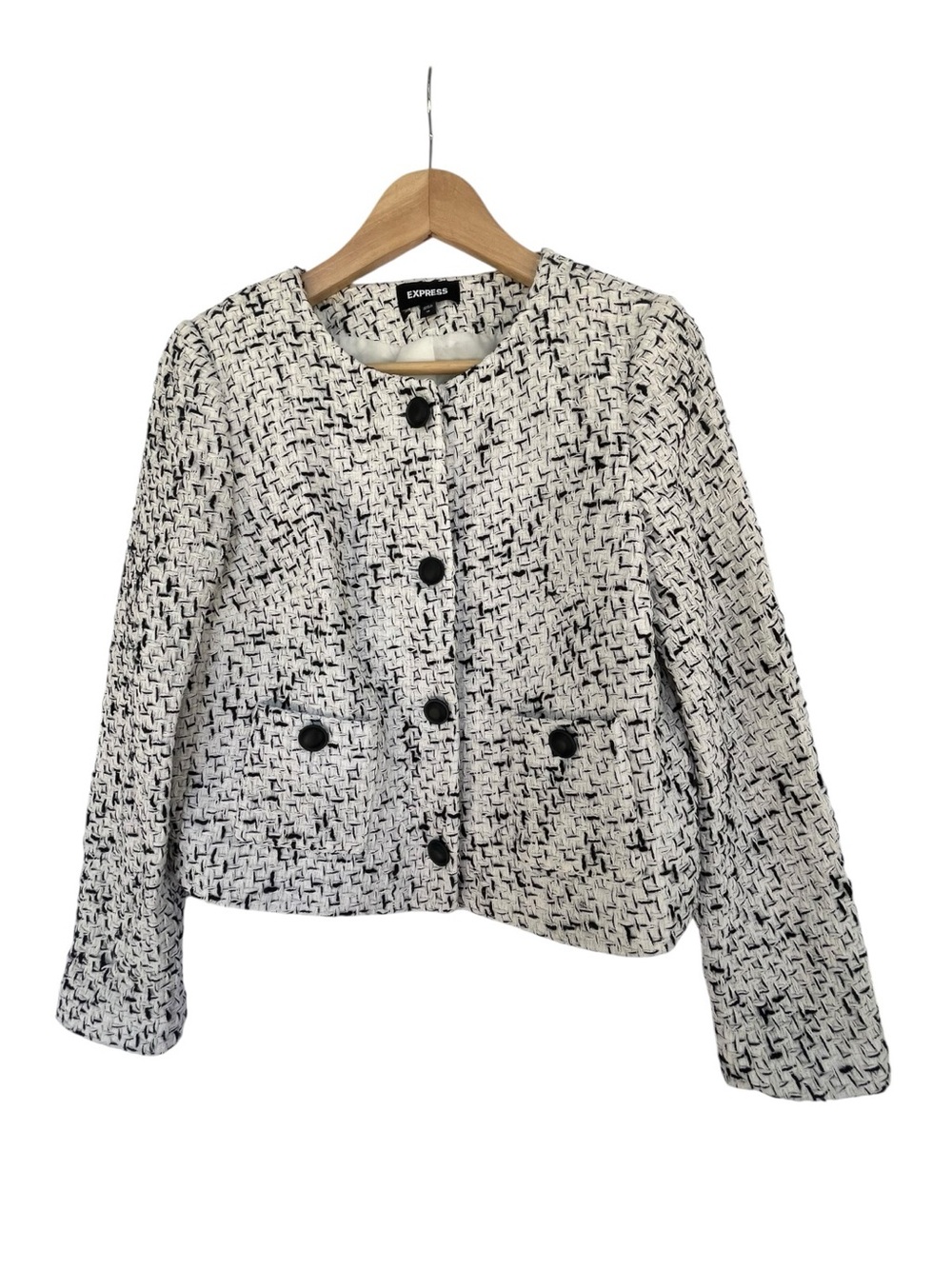 Express Cropped Tweed Black White Jacket Blazer M - Picture 2 of 6
